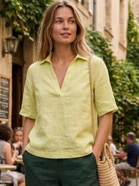 Rachel Zoe short yellow-green shirt with a collar made of 100% linen